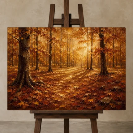 Muted Gold Woodland Floor Autumn Forest Wall Art Canvas Print displayed on a studio easel