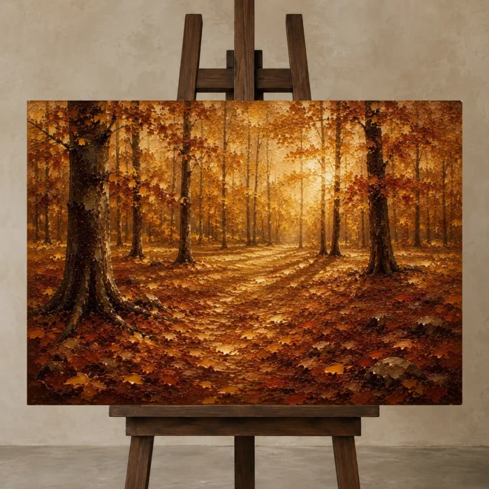 Muted Gold Woodland Floor Autumn Forest Wall Art Canvas Print displayed on a studio easel