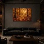 Muted Gold Woodland Floor Autumn Forest Wall Art Canvas Print shown in a warm modern interior