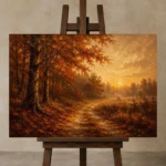 Smoky Umber Dusk Autumn Forest Landscape Wall Art Canvas Print displayed on a studio easel