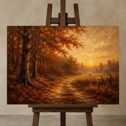 Smoky Umber Dusk Autumn Forest Landscape Wall Art Canvas Print displayed on a studio easel