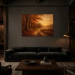 Smoky Umber Dusk Autumn Forest Landscape Wall Art Canvas Print shown in a warm modern interior