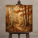 Umber & Ivory Birch Grove Autumn Forest Wall Art Canvas Print displayed on a studio easel