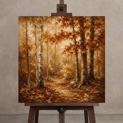 Umber & Ivory Birch Grove Autumn Forest Wall Art Canvas Print displayed on a studio easel