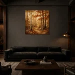 Umber & Ivory Birch Grove Autumn Forest Wall Art Canvas Print shown in a warm modern interior