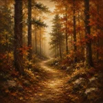 Golden Ochre Woodland Path Autumn Forest Wall Art Canvas Print