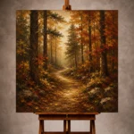 Golden ochre contemplative Autumn Forest Wall Art print for elegant interiors. No text or watermarks in design.
