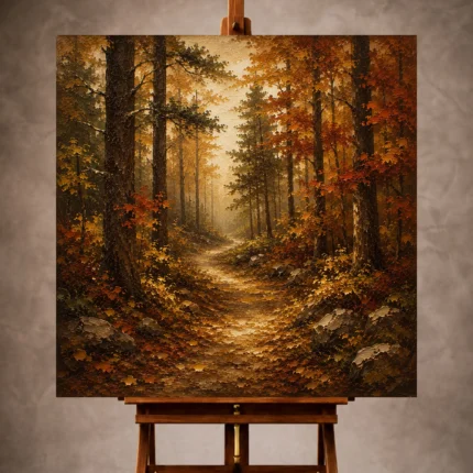 Golden ochre contemplative Autumn Forest Wall Art print for elegant interiors. No text or watermarks in design.