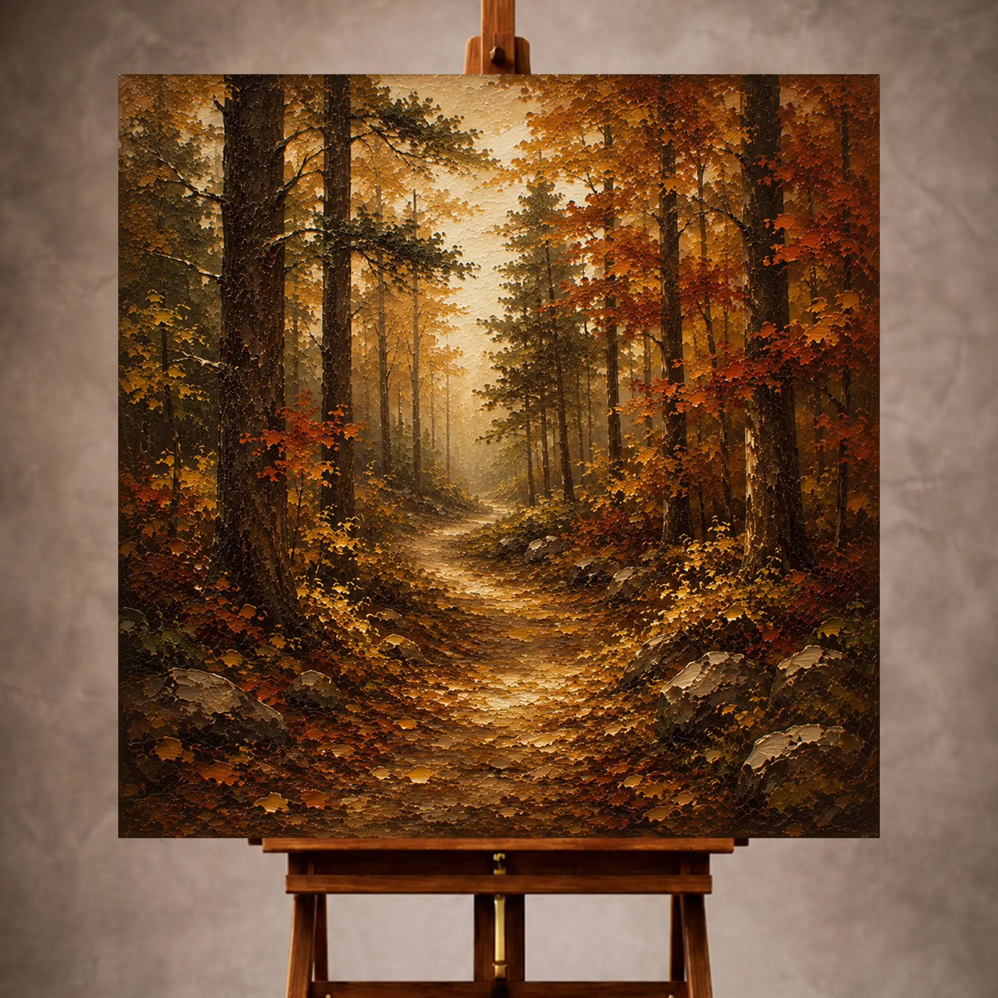 Premium Wall Art Kare Html Edition – LANDSCPE077 Image 1 Golden ochre contemplative Autumn Forest Wall Art print for elegant interiors. No text or watermarks in design.