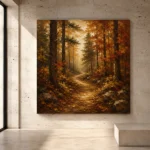 Golden Ochre Woodland Path Autumn Forest Wall Art Canvas Print - Image 3