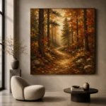 Golden Ochre Woodland Path Autumn Forest Wall Art Canvas Print - Image 6