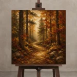 Golden Ochre Woodland Path Autumn Forest Wall Art Canvas Print displayed on a studio easel
