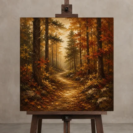 Golden Ochre Woodland Path Autumn Forest Wall Art Canvas Print shown in Studio Easel