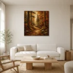 Golden Ochre Woodland Path Autumn Forest Wall Art Canvas Print styled in a refined neutral interior