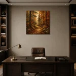 Golden Ochre Woodland Path Autumn Forest Wall Art Canvas Print displayed in a contemporary gallery-inspired room
