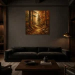 Golden Ochre Woodland Path Autumn Forest Wall Art Canvas Print shown in a warm modern interior