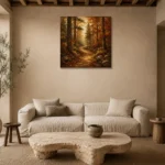 Golden Ochre Woodland Path Autumn Forest Wall Art Canvas Print presented in a sophisticated home setting