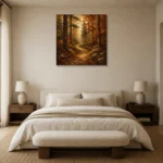 Golden Ochre Woodland Path Autumn Forest Wall Art Canvas Print showcased in an elegant minimalist interior
