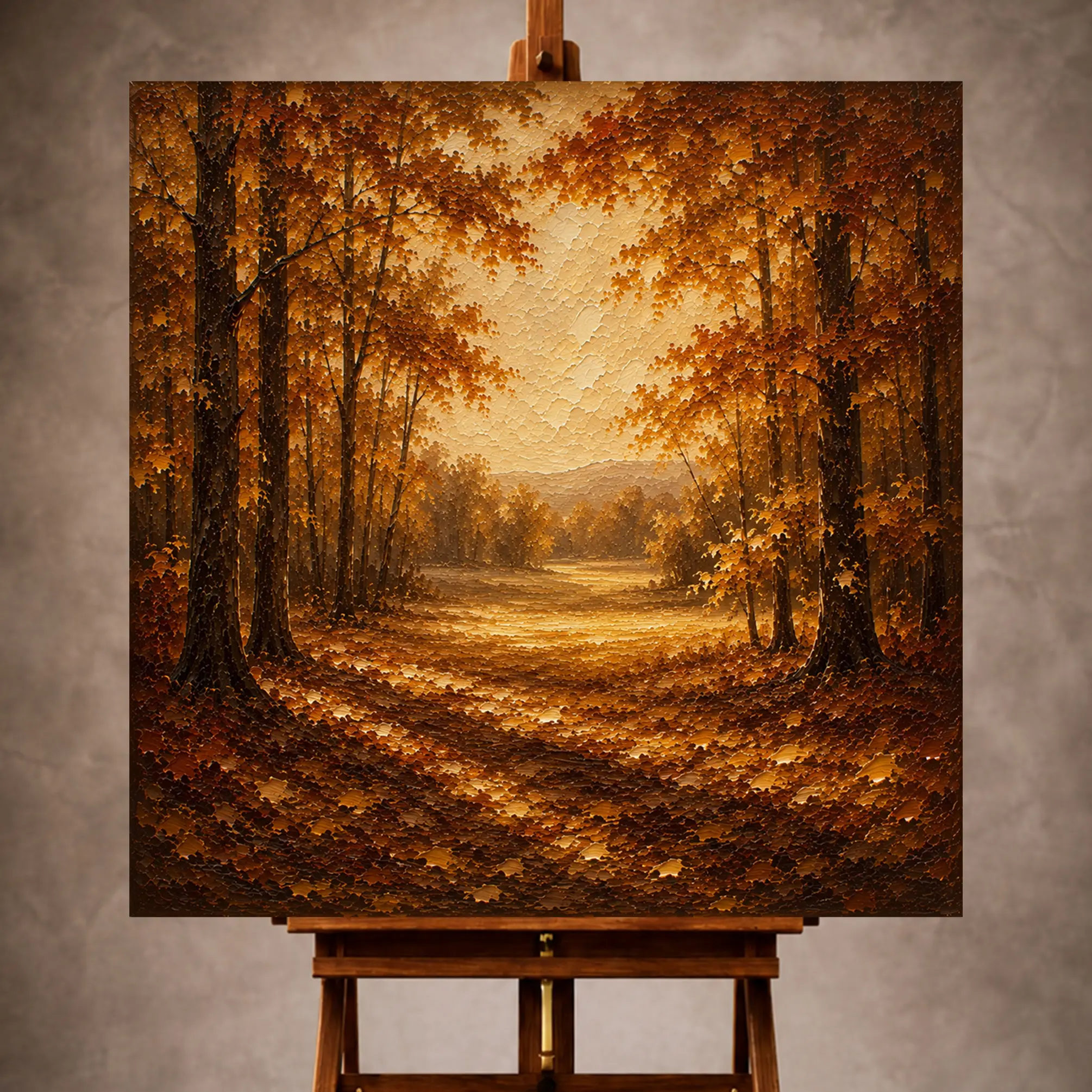 Premium Wall Art Kare Html Edition – LANDSCPE078 Image 1 Burnt sienna and ochre Autumn Forest Wall Art print for elegant interiors. No text or watermarks in design.