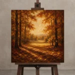 Burnt Sienna Clearing Autumn Forest Wall Art Canvas Print displayed on a studio easel