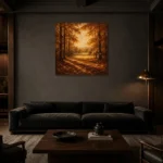 Burnt Sienna Clearing Autumn Forest Wall Art Canvas Print shown in a warm modern interior