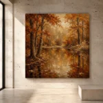 Dark Walnut Woodland Pond Autumn Forest Wall Art Canvas Print - Image 3