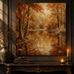 Dark Walnut Woodland Pond Autumn Forest Wall Art Canvas Print - Image 4