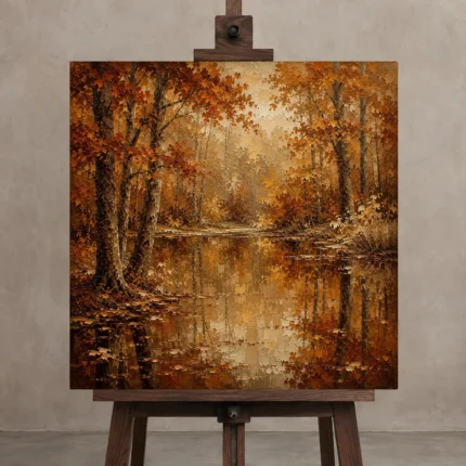 Dark Walnut Woodland Pond Autumn Forest Wall Art Canvas Print shown in Studio Easel
