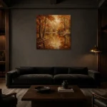 Dark Walnut Woodland Pond Autumn Forest Wall Art Canvas Print shown in a warm modern interior