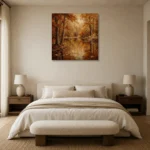 Dark Walnut Woodland Pond Autumn Forest Wall Art Canvas Print showcased in an elegant minimalist interior