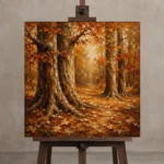 Antique Cream & Rust Ancient Forest Wall Art Canvas Print displayed on a studio easel