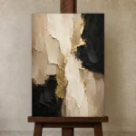 Warm Neutral Abstract Large Living Room Wall Art Canvas Print displayed on a studio easel
