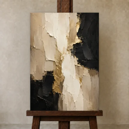 Warm Neutral Abstract Large Living Room Wall Art Canvas Print shown in Studio Easel