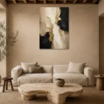 Warm Neutral Abstract Large Living Room Wall Art Canvas Print presented in a sophisticated home setting