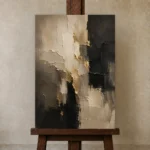 Taupe & Charcoal Abstract Large Living Room Wall Art Canvas Print displayed on a studio easel