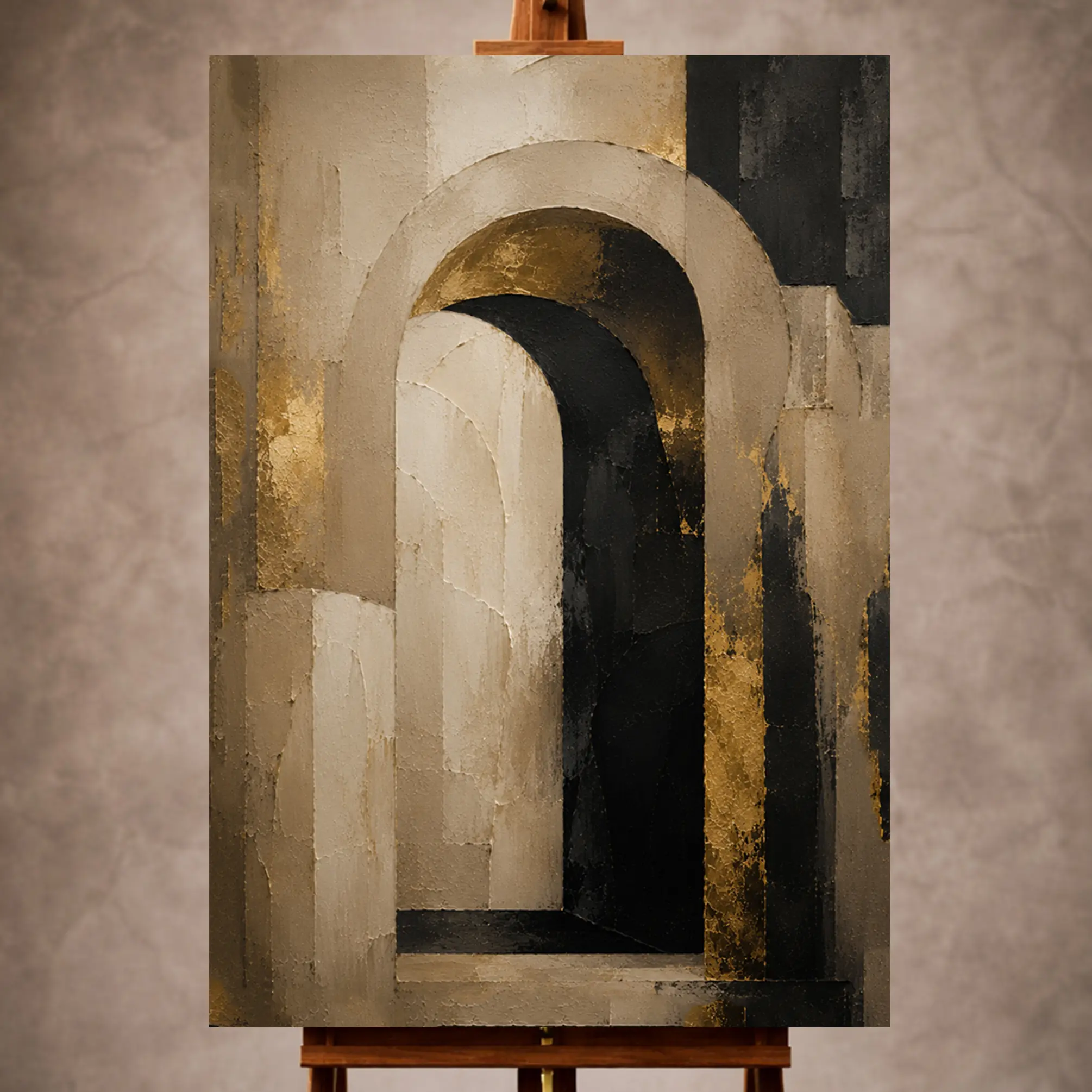 Premium Wall Art Dikey Html Edition – LVNGRM013 Image 1 Beige, black, and muted gold Large Living Room Wall Art print for elegant interiors. No text or watermarks in design.