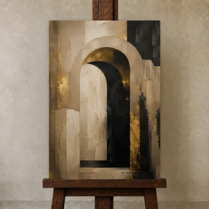 Beige & Black Abstract Arch Large Living Room Wall Art Canvas Print shown in Studio Easel