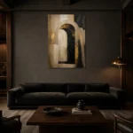 Beige & Black Abstract Arch Large Living Room Wall Art Canvas Print shown in a warm modern interior