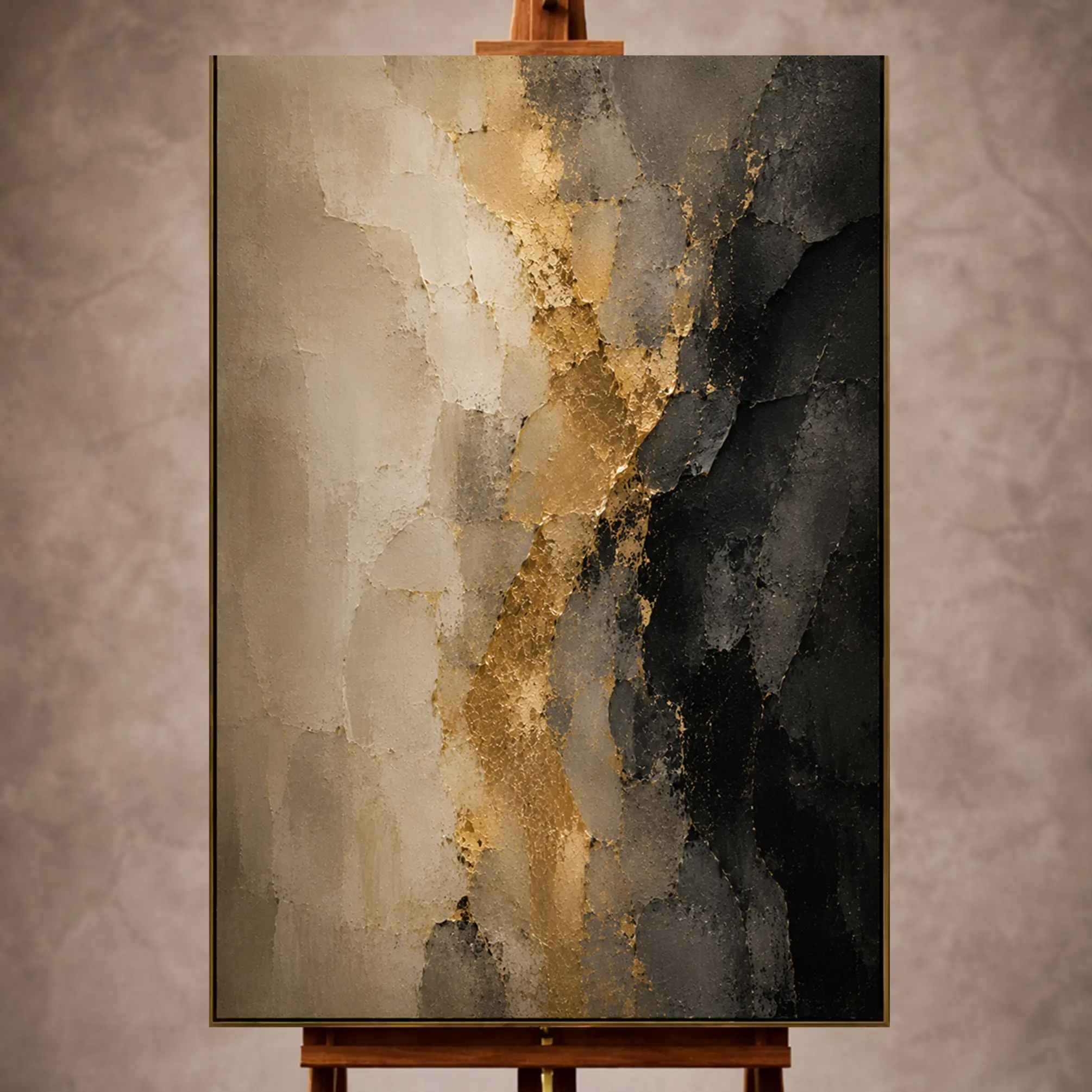 Premium Wall Art Dikey Html Edition – LVNGRM014 Image 1 Muted gold and charcoal Large Living Room Wall Art print for elegant interiors. No text or watermarks in design.