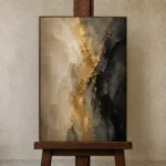 Muted Gold & Charcoal Veil Large Living Room Wall Art Canvas Print displayed on a studio easel