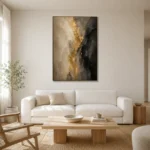 Muted Gold & Charcoal Veil Large Living Room Wall Art Canvas Print styled in a refined neutral interior