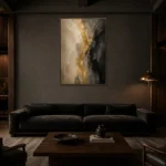 Muted Gold & Charcoal Veil Large Living Room Wall Art Canvas Print shown in a warm modern interior