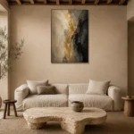 Muted Gold & Charcoal Veil Large Living Room Wall Art Canvas Print presented in a sophisticated home setting