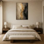 Muted Gold & Charcoal Veil Large Living Room Wall Art Canvas Print showcased in an elegant minimalist interior