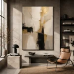 Ivory & Taupe Geometric Panel Large Living Room Wall Art Canvas Print - Image 3