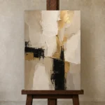 Ivory & Taupe Geometric Panel Large Living Room Wall Art Canvas Print displayed on a studio easel