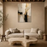 Ivory & Taupe Geometric Panel Large Living Room Wall Art Canvas Print presented in a sophisticated home setting