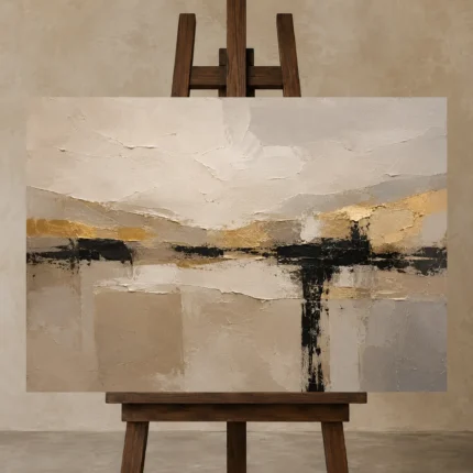 Warm Neutral Abstract Horizon Large Living Room Wall Art Canvas Print displayed on a studio easel