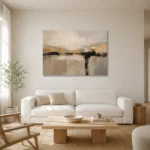 Warm Neutral Abstract Horizon Large Living Room Wall Art Canvas Print styled in a refined neutral interior