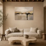 Warm Neutral Abstract Horizon Large Living Room Wall Art Canvas Print presented in a sophisticated home setting